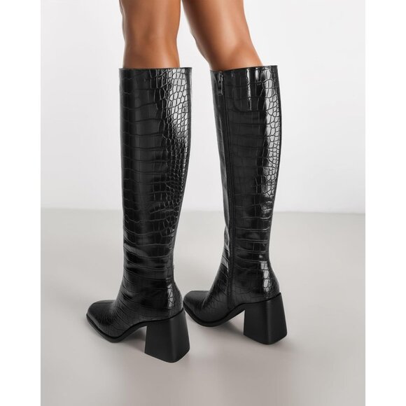 Women Crocodile Black Polyurethane Knee High Square Toe Block Heel Tall Boots - Picture 8 of 9
